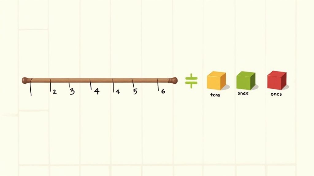 A wooden number line marked from 1 to 6, next to an equal sign, and colorful place value blocks labeled 'tens' and 'ones'.