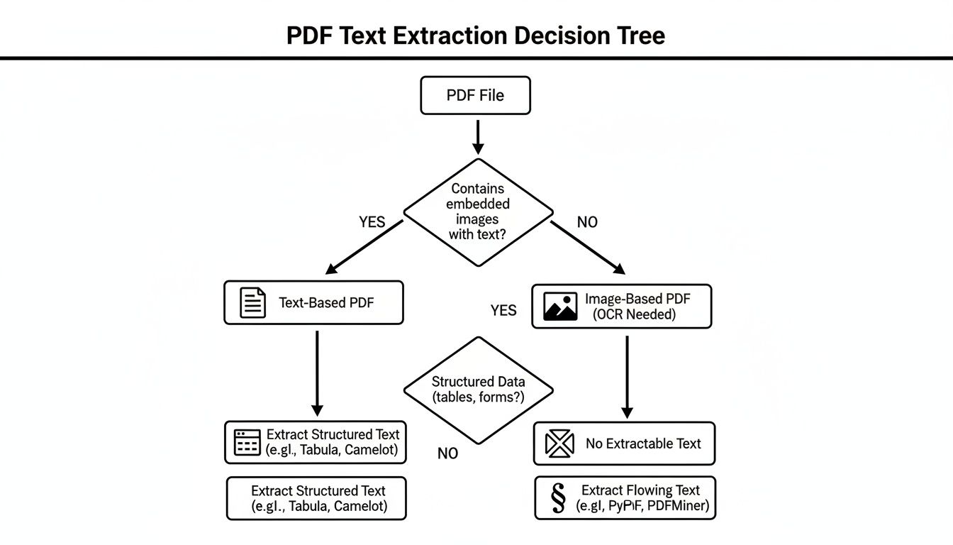 A decision tree flowchart for PDF text extraction methods and tools.