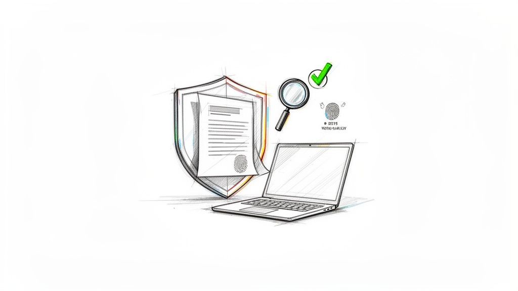 Sketch of digital security: a shield protects a fingerprint-signed document, with a laptop, magnifying glass, and checkmark.