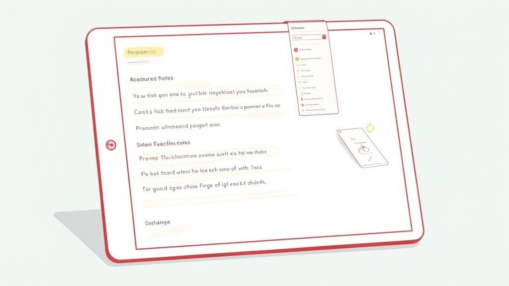 A red-bordered tablet showing digital notes with yellow highlights and a dropdown menu, with a phone icon.