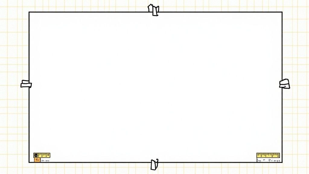 A blank white sheet of paper taped to a light yellow grid background with rulers.