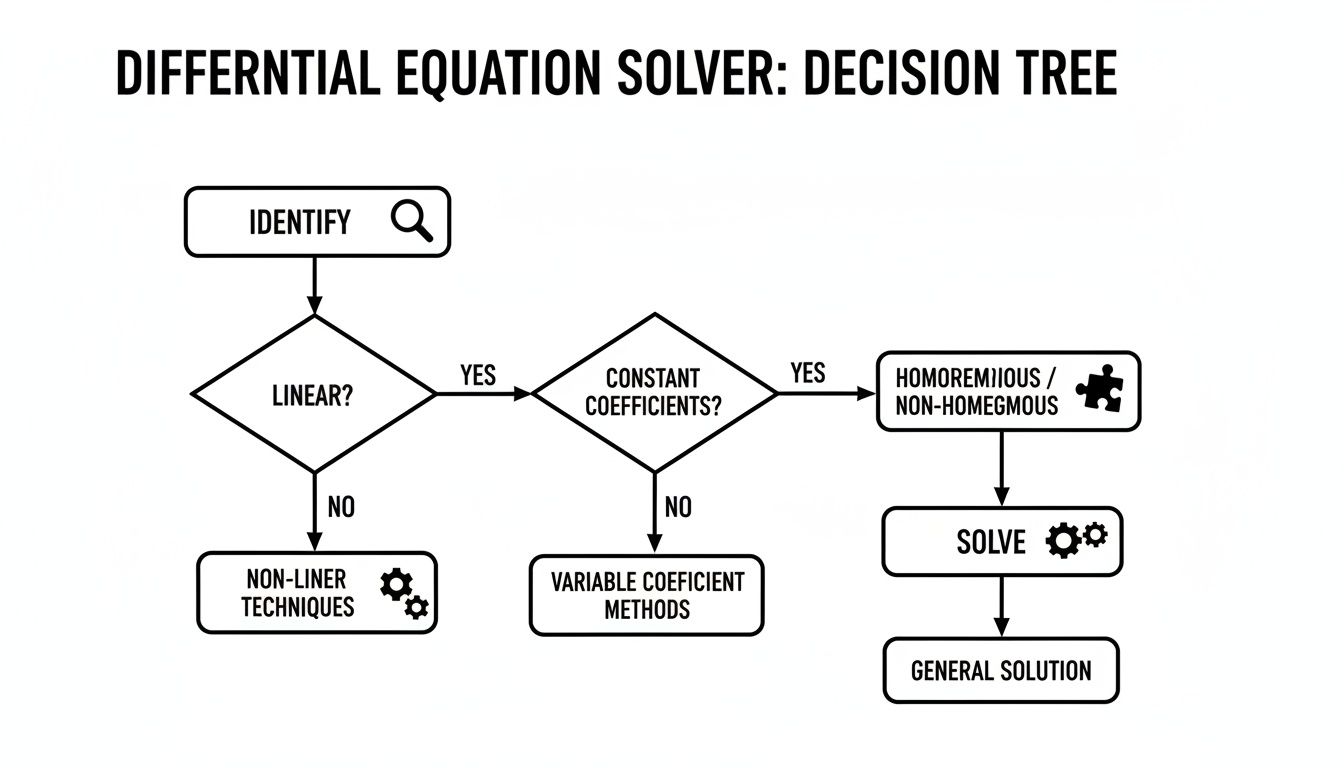 Decision tree for solving differential equations, outlining steps like identification, linearity, and solution methods.