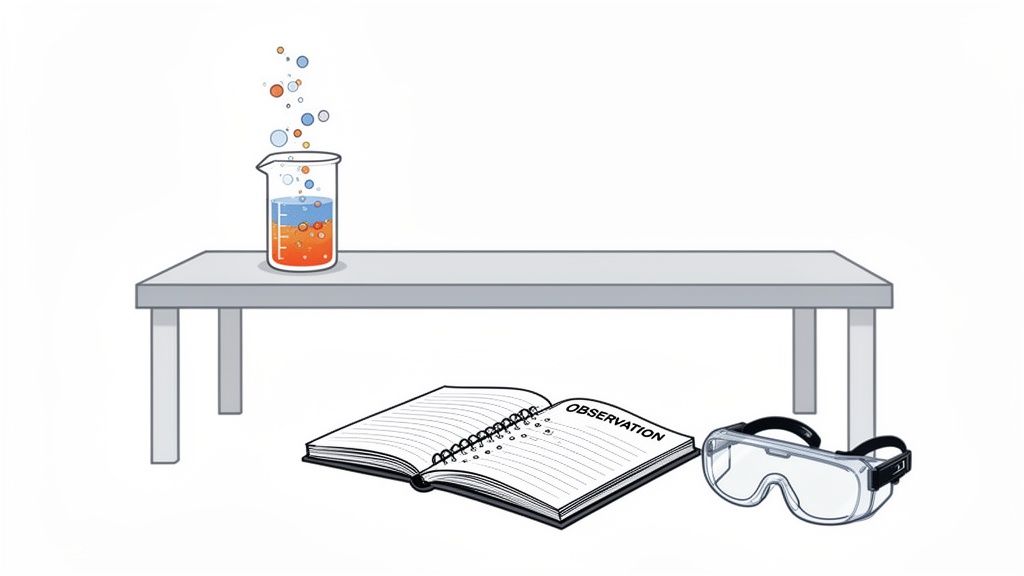A chemistry experiment with a beaker of reacting liquids and bubbles on a table, with a notebook and safety goggles below.