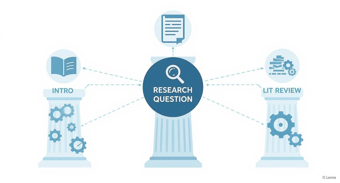 Research question framework diagram showing connections between introduction, literature review, and methodology pillars