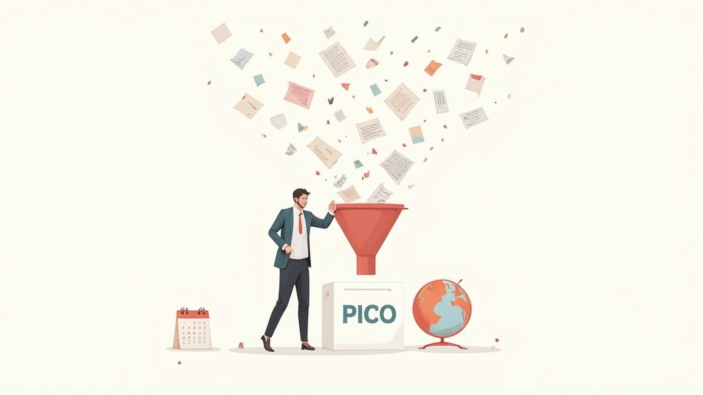 A man funnels various documents into a box labeled PICO, surrounded by a calendar and globe, symbolizing information filtering.
