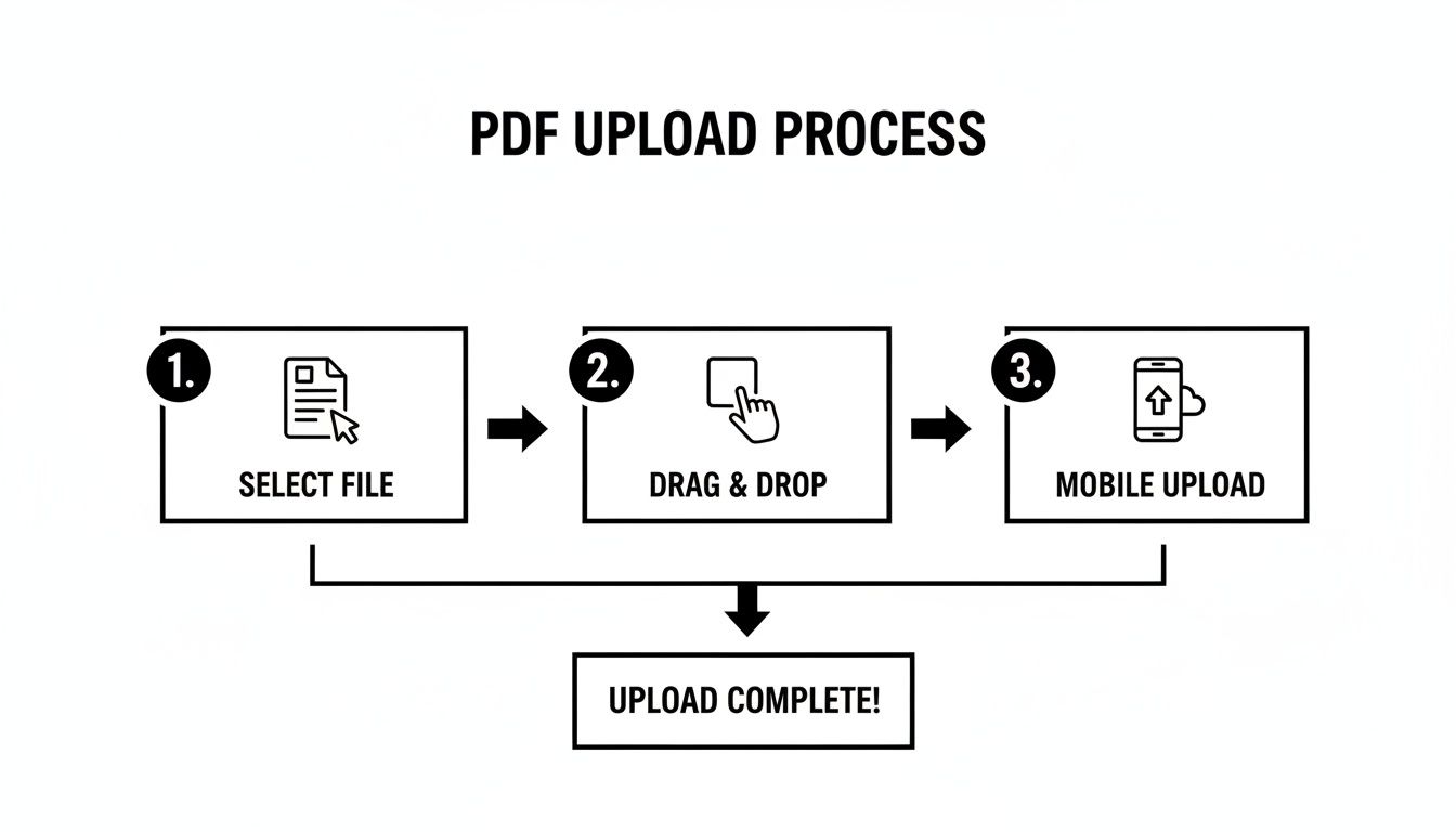 Diagram illustrating three methods for PDF upload: select file, drag and drop, and mobile upload, leading to completion.