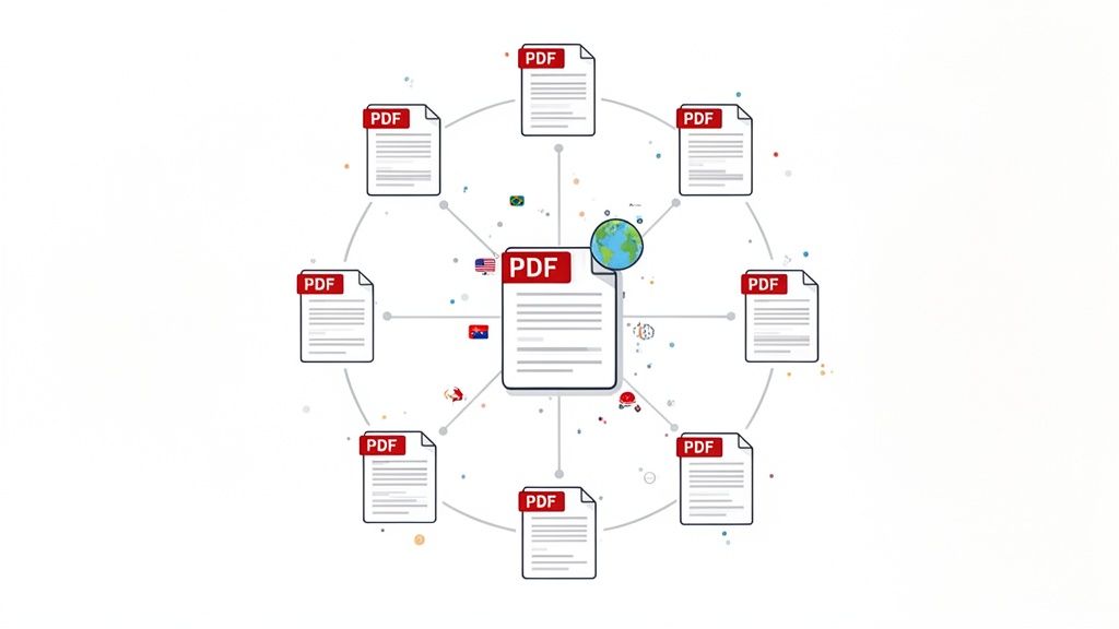 A central PDF document connected to multiple other PDFs in a global network, illustrating sharing and collaboration.