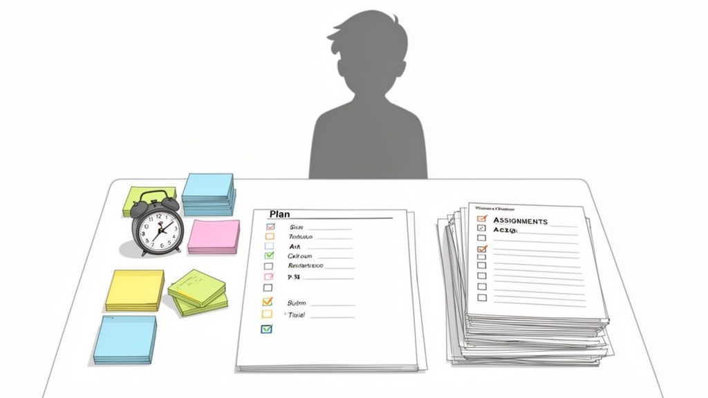 A study desk with an alarm clock, colorful sticky notes, and checklists for plans and assignments.