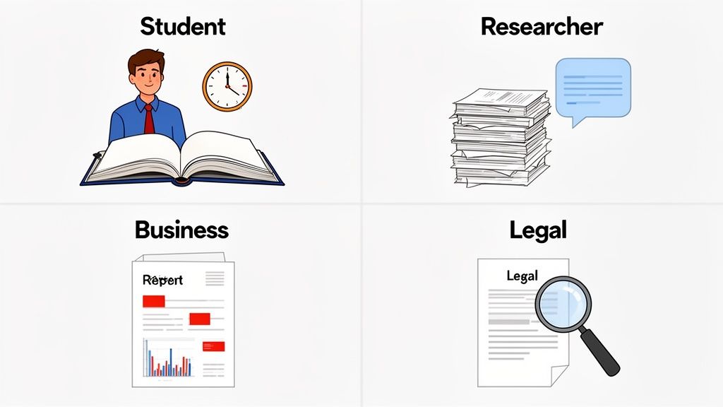 Illustration showing four use cases: Student, Researcher, Business, and Legal, each with relevant icons.