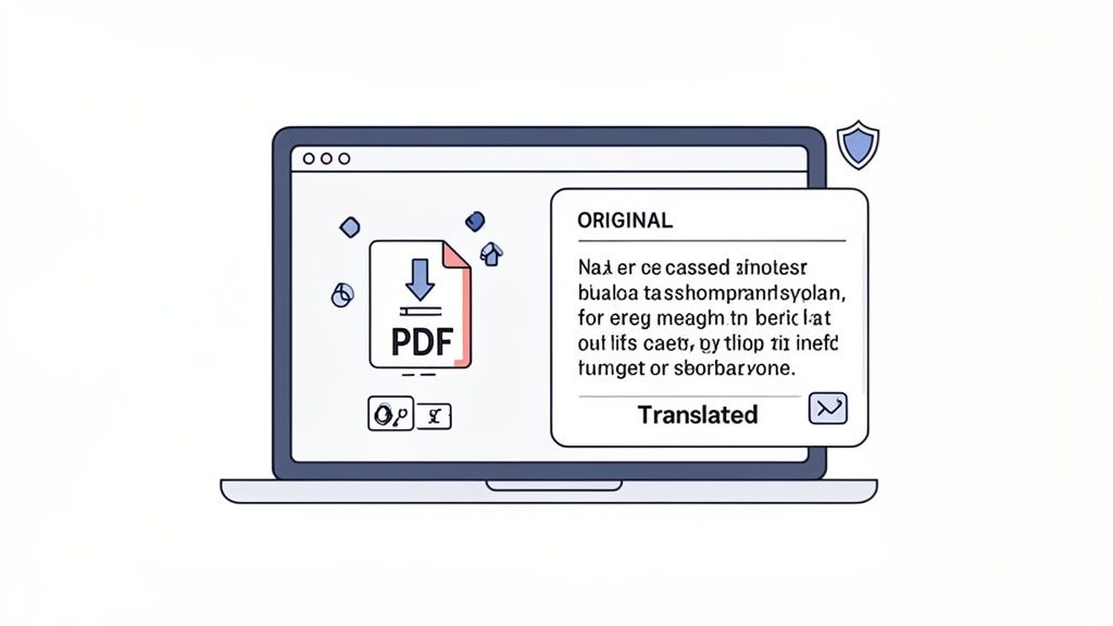 A laptop screen displaying a PDF translation tool with original and translated text options.