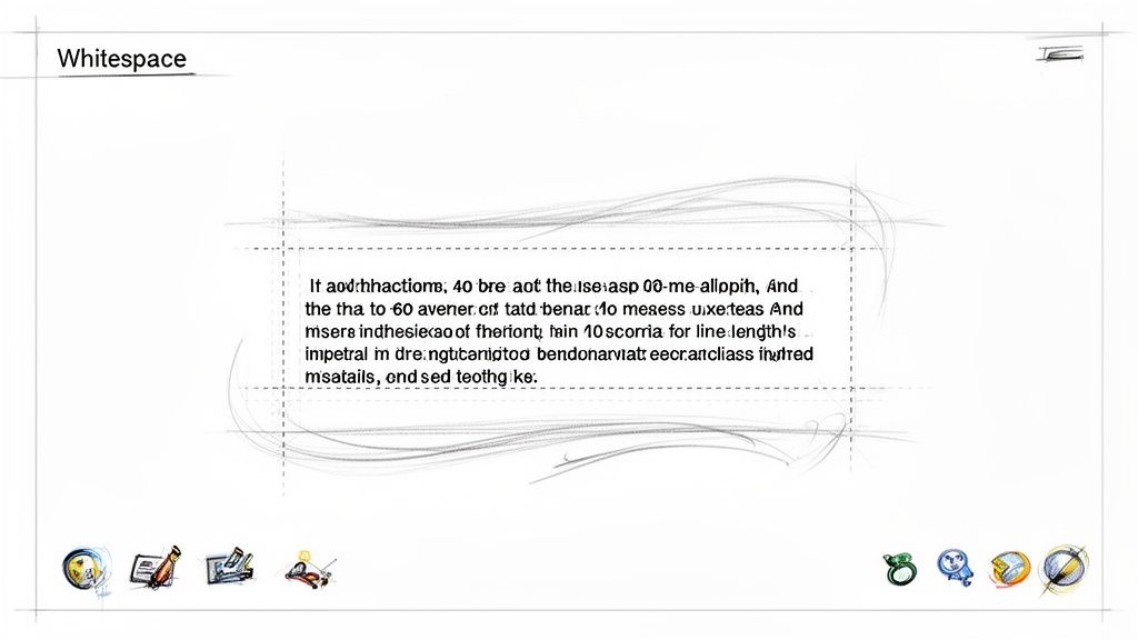 A sketch illustrating a document design with 'Whitespace' title, a central text block, and various icons.