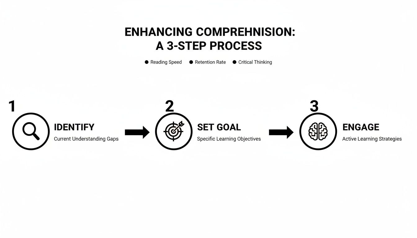 A 3-step process for enhancing comprehension: Identify, Set Goal, and Engage with active learning strategies.