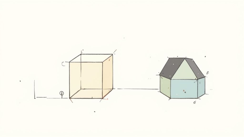 A technical drawing of a light yellow cube next to a light blue hexagonal prism with a dark gray roof.