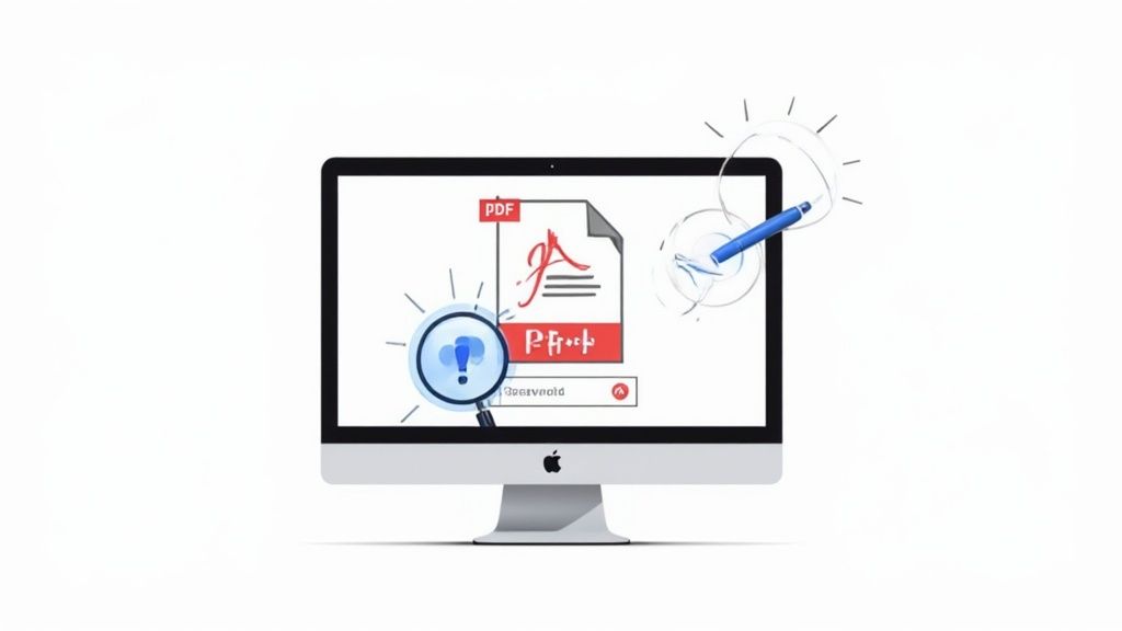 A desktop computer screen displays a PDF document with a magnifying glass, pen, and password field, illustrating PDF editing.