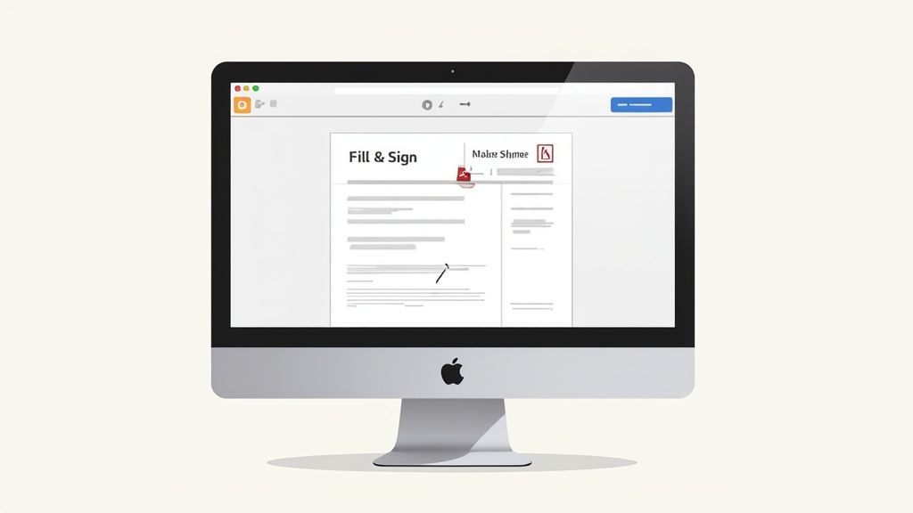 A close-up of an Apple iMac showing a digital document open for filling and signing.