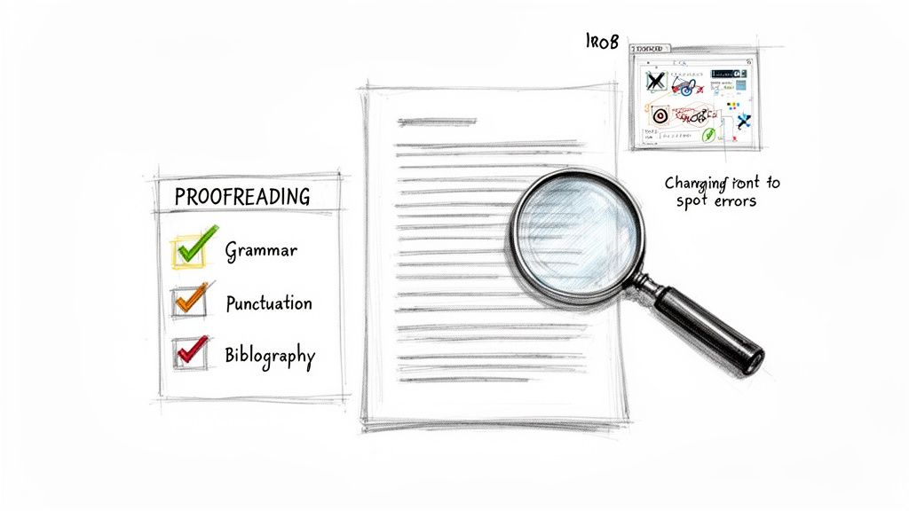 A hand-drawn illustration depicting the process of proofreading a document for grammar and punctuation.