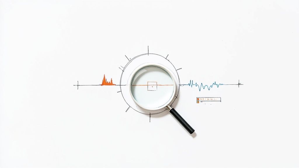 A magnifying glass examining a hand-drawn diagram with orange data spikes and a blue waveform.