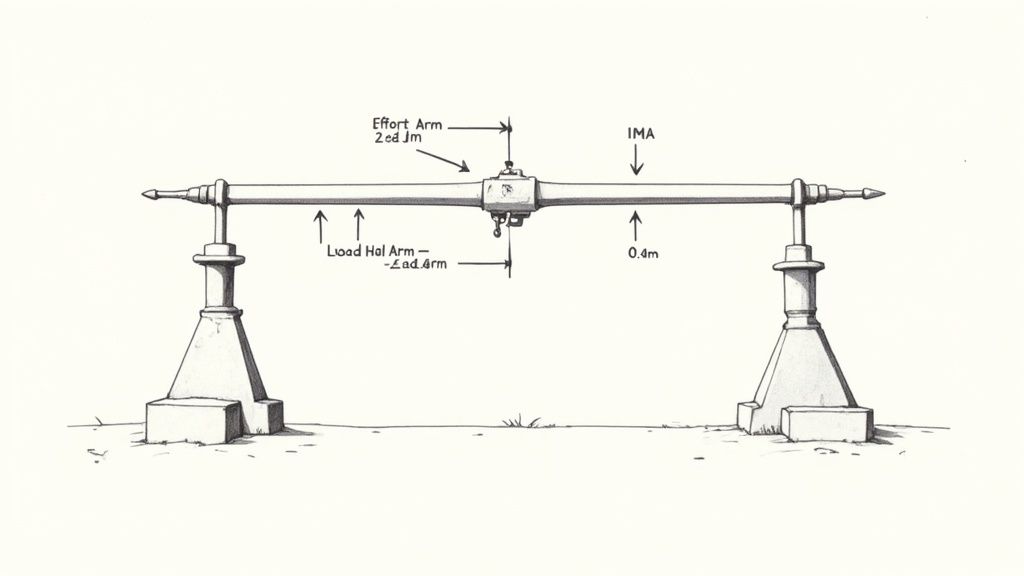Diagram of a lever showing effort arm 2.0m, load arm, and IMA 0.4m on pedestals.