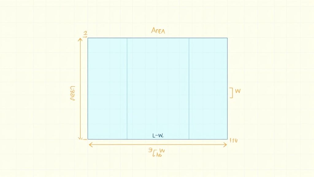 Rectangle diagram showing area calculation with length and width dimensions labeled for math problem