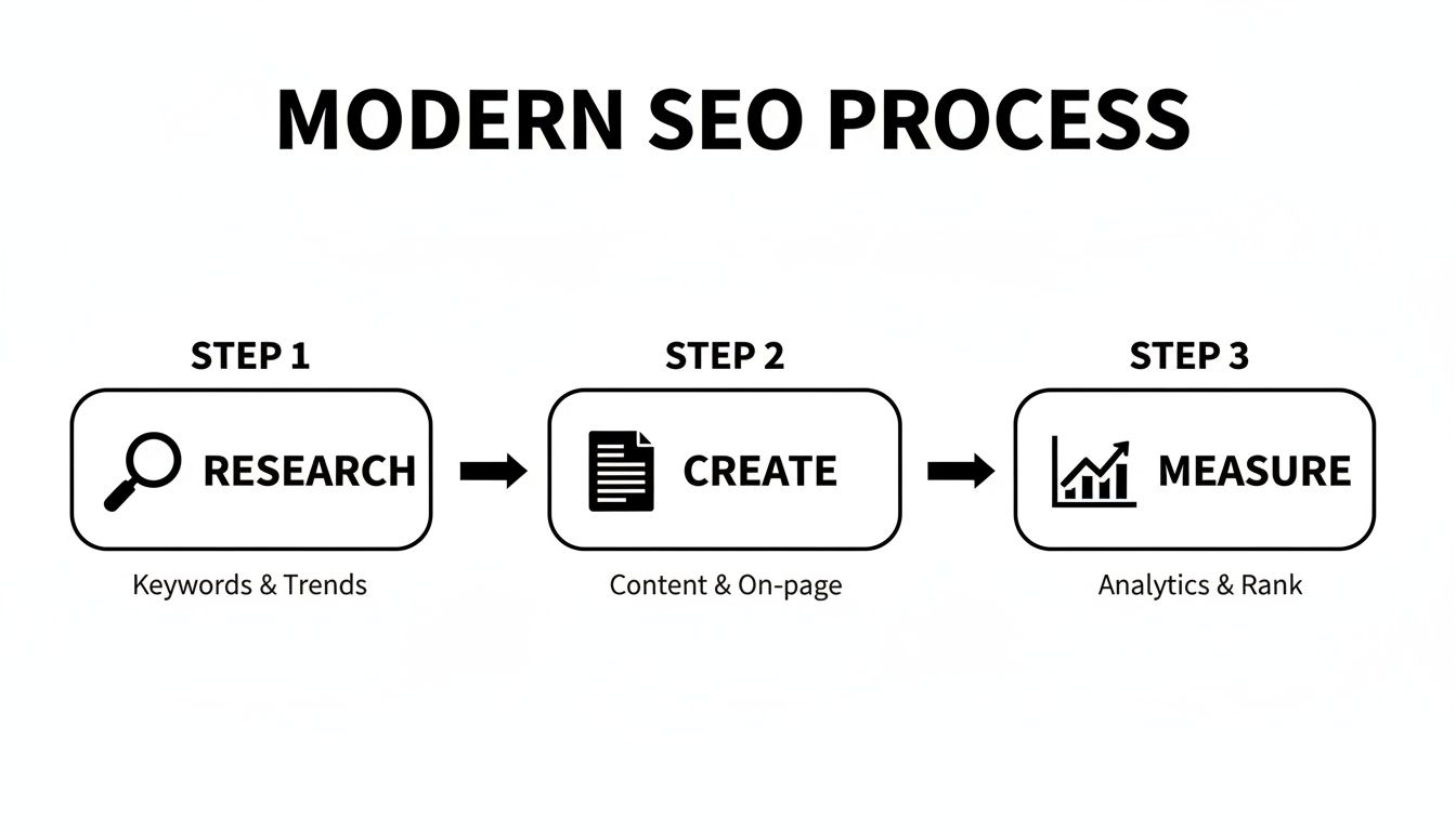 Flowchart detailing the modern SEO process with steps for research, creation, and measurement.