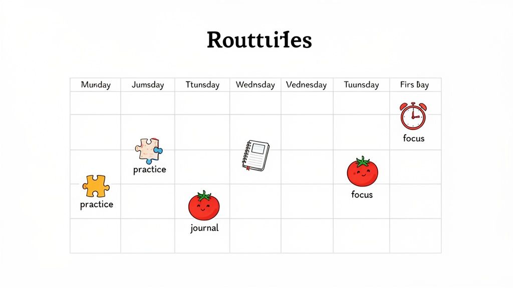 A handwritten-style calendar titled 'Routtiiles' outlining daily activities like practice, journal, and focus.