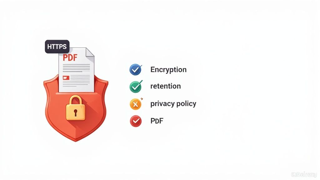An illustration showing a secured PDF document with HTTPS, encryption, and retention features.