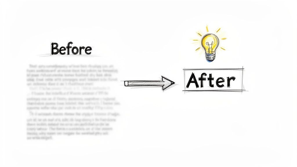 Before text and blurred content transform with an arrow into an idea light bulb and After label.