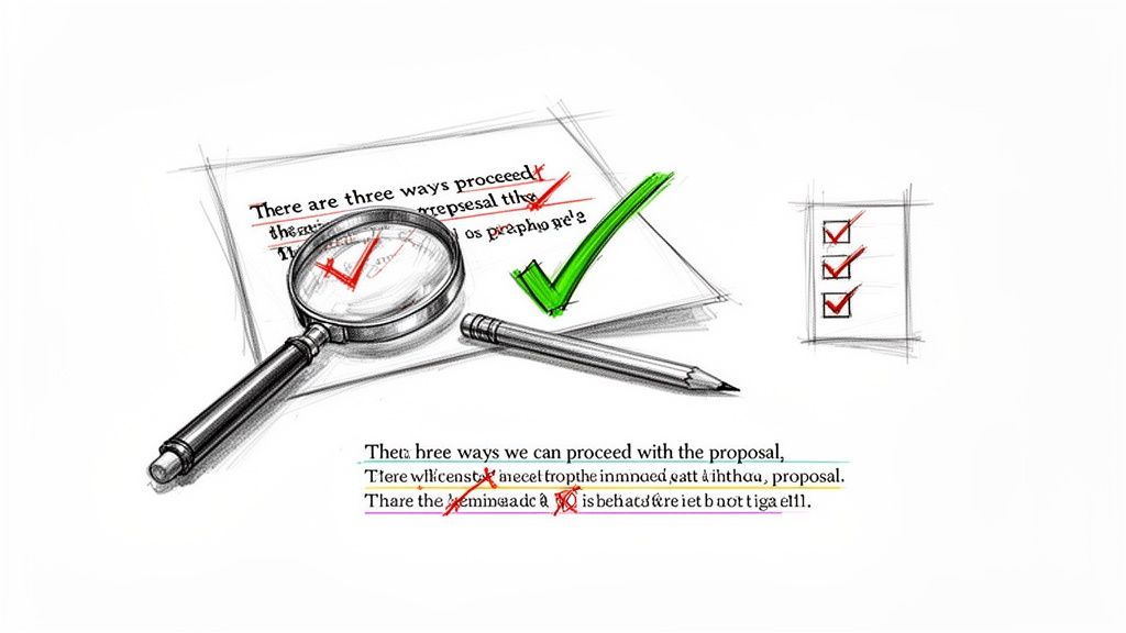 An illustration showing a magnifying glass, pencil, and a document with edits, symbolizing proofreading and correction.