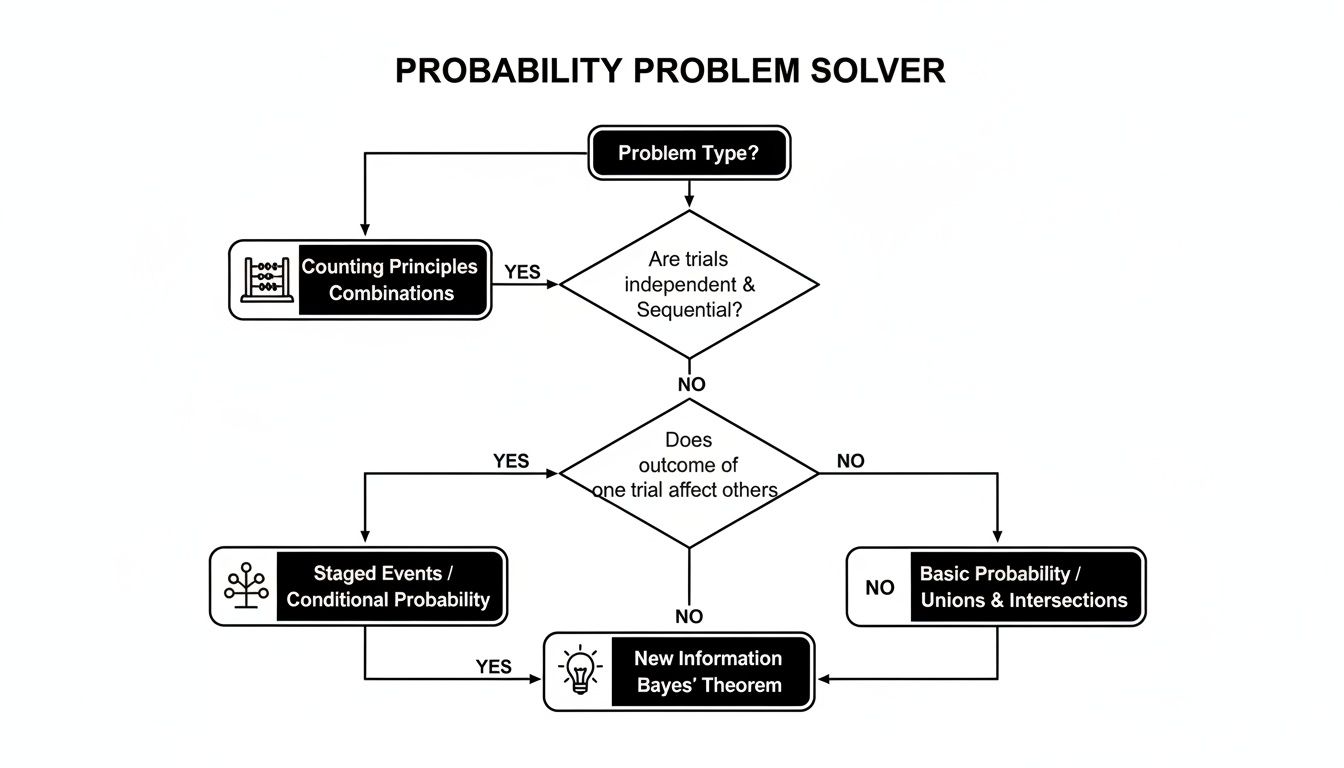 Flowchart for solving probability problems, guiding through different methods like counting, conditional, and Bayes' theorem.