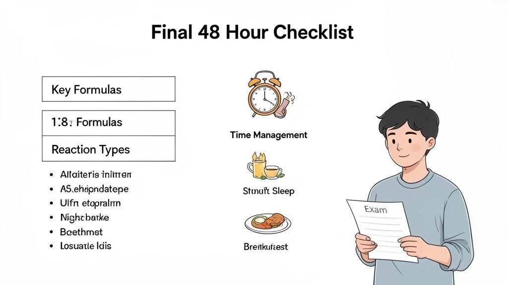 A student reviews a 'Final 48 Hour Checklist' for an exam, detailing study resources and wellness tips.