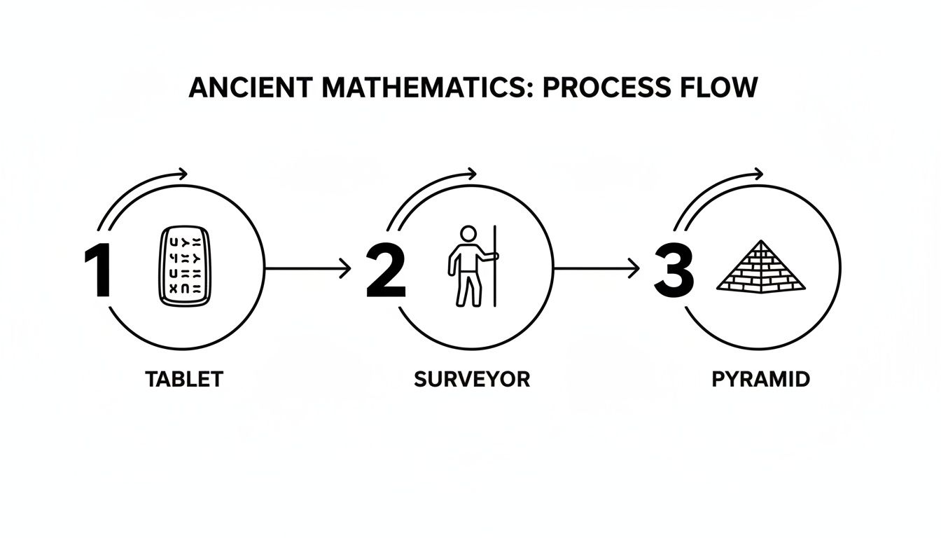 A process flow diagram showing ancient mathematics: from tablet calculations to surveyor work, culminating in a pyramid.