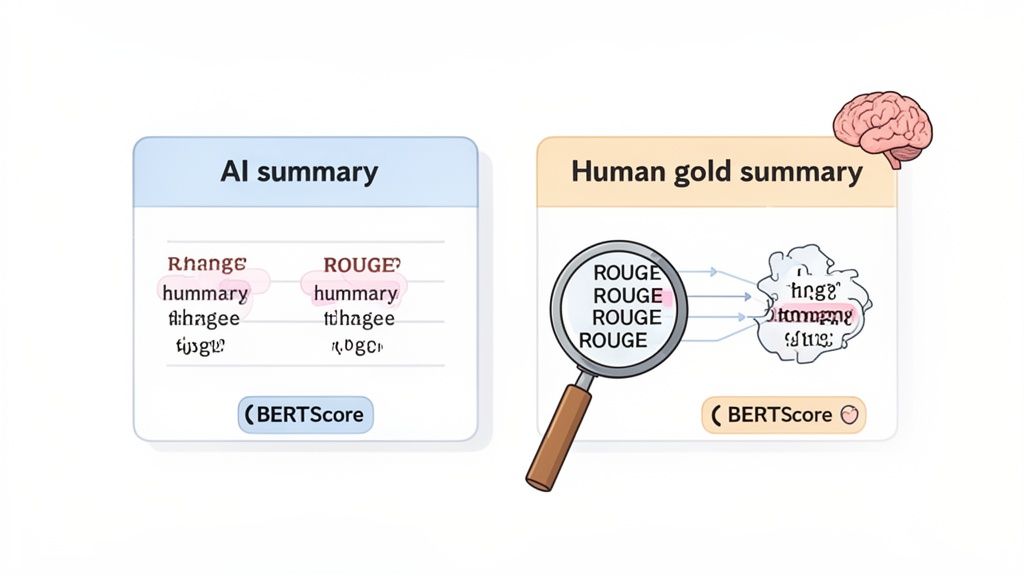 Illustration comparing AI and human text summarization methods, highlighting ROUGE and BERTScore evaluation metrics.