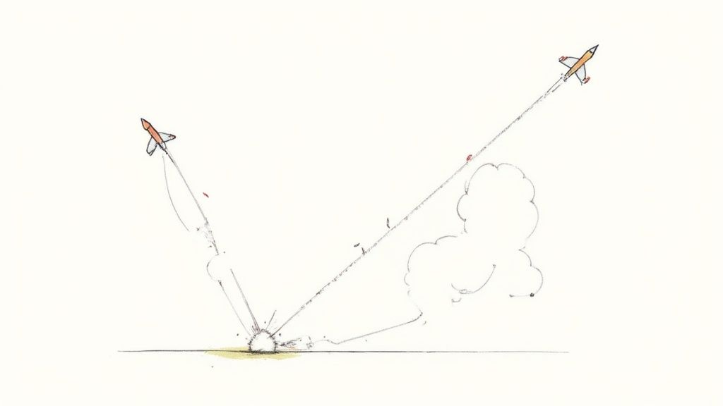 Two orange rockets follow mirrored trajectories, one descending to an explosion, the other ascending.