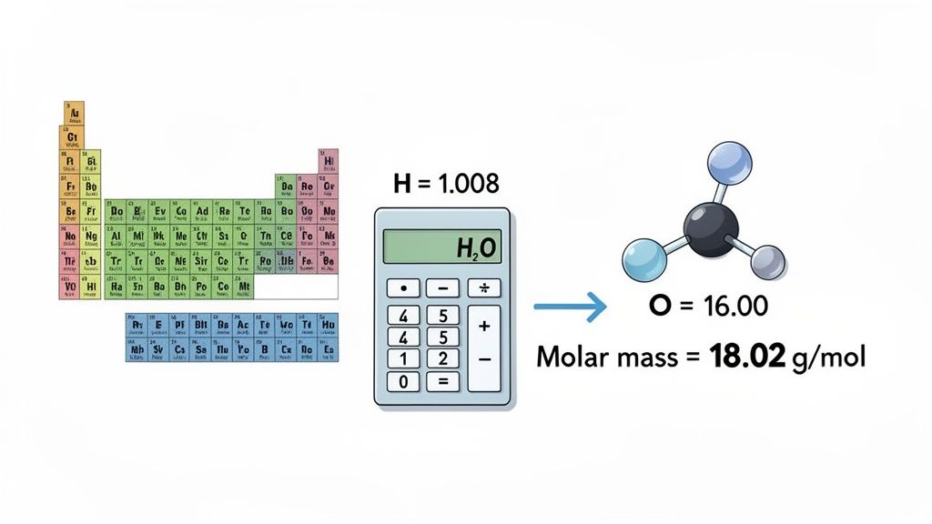 An illustration showing the calculation of water's molar mass (H₂O) using a periodic table and a calculator.