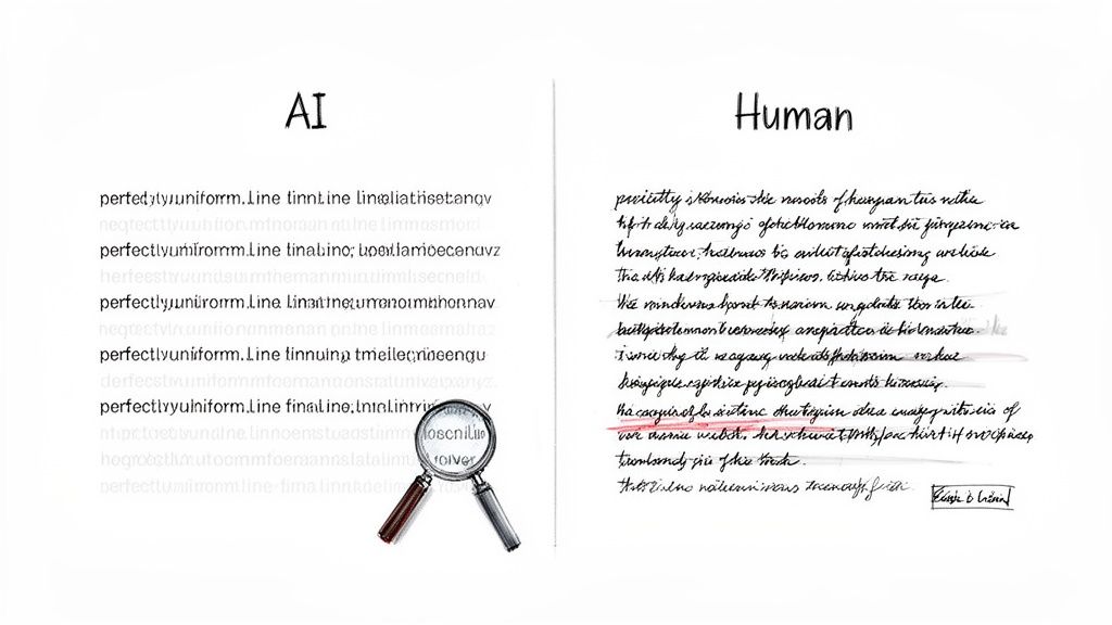Side-by-side comparison of uniform AI-generated text and unique, imperfect human handwriting.