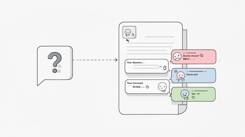 A diagram illustrating a question evolving into diverse chat responses on a digital screen.