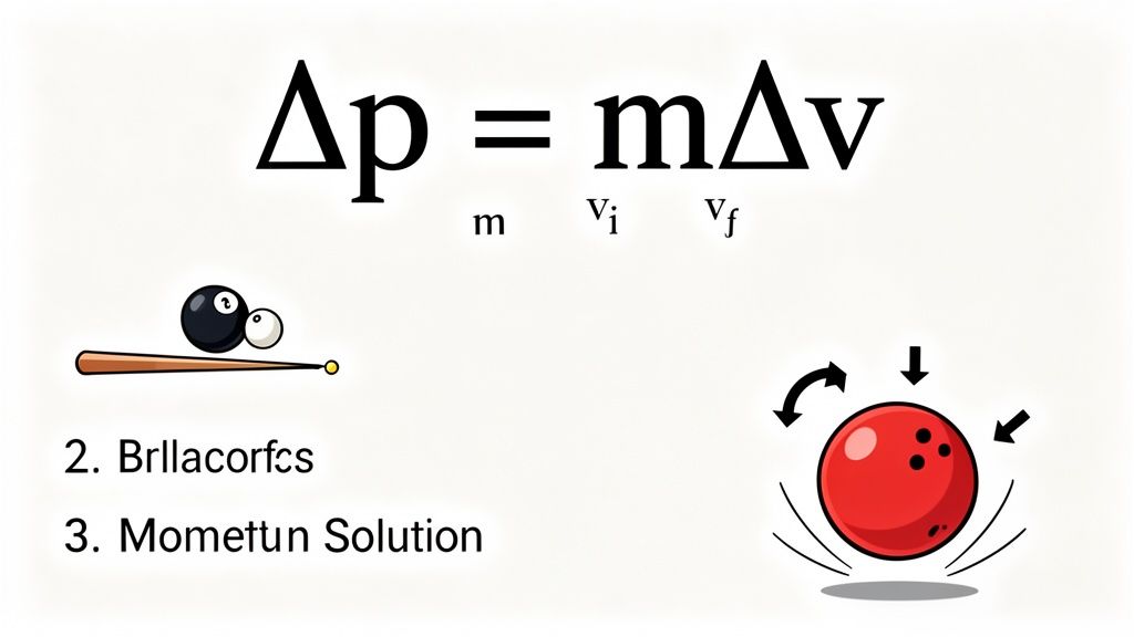 Physics formula for change in momentum with illustrations of billiards and a bouncing bowling ball.