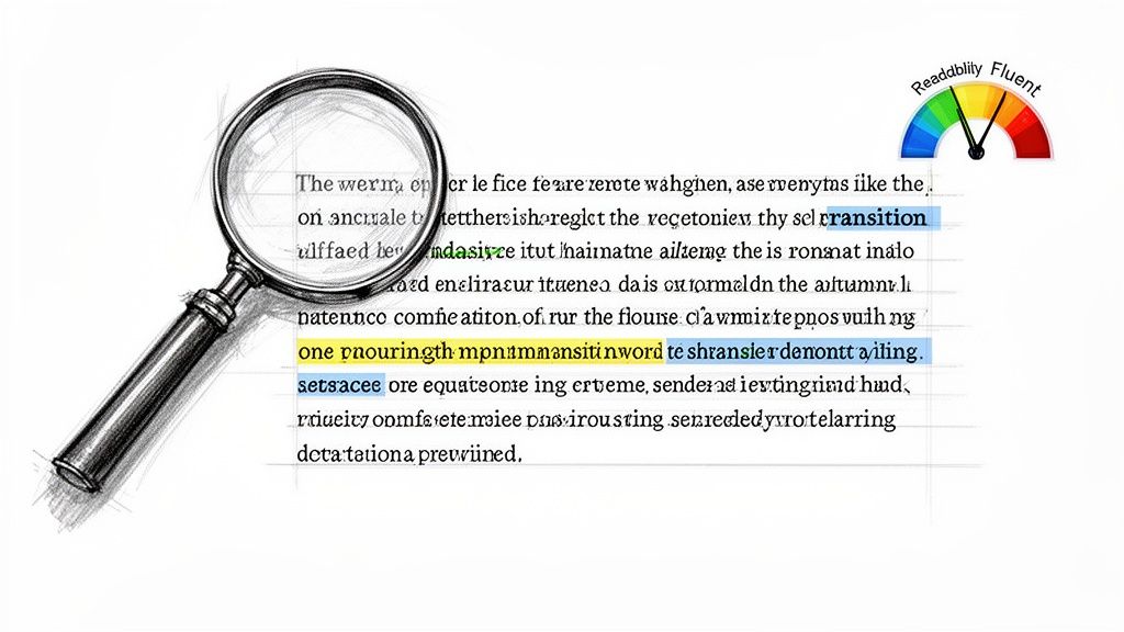 A magnifying glass over text with highlighted words, next to a 'Readability Fluent' meter.