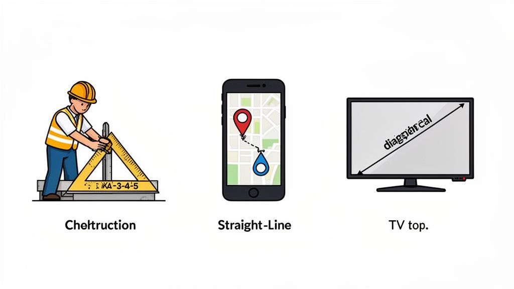 Three images demonstrating the Pythagorean theorem in construction, navigation, and screen measurement applications.
