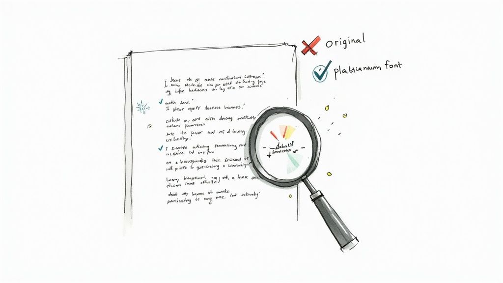 Hand-drawn sketch of text on paper analyzed by a magnifying glass, distinguishing original from 'plagiarism font'.