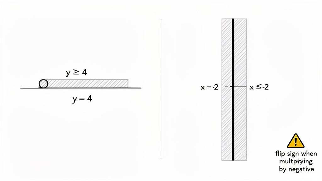 Graphs demonstrate number line inequalities for y is greater than or equal to 4 and x is less than or equal to -2, including a warning about flipping signs.