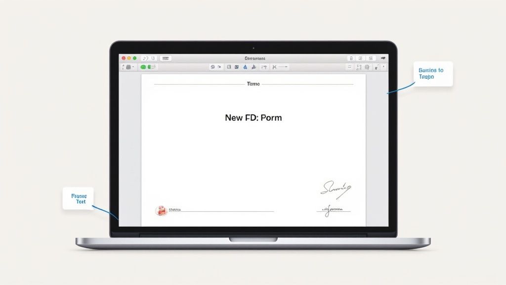 A laptop screen displays a digital form document with signatures and text fields, showing a form-filling process.