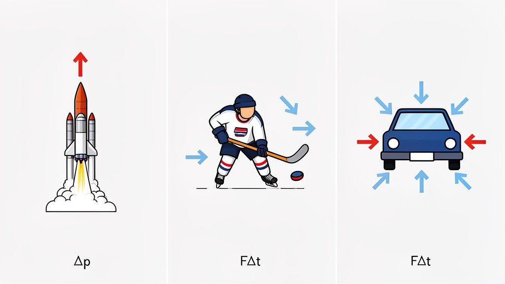 Illustrations of physics concepts: a rocket launching (change in momentum), a hockey player and a car (impulse).