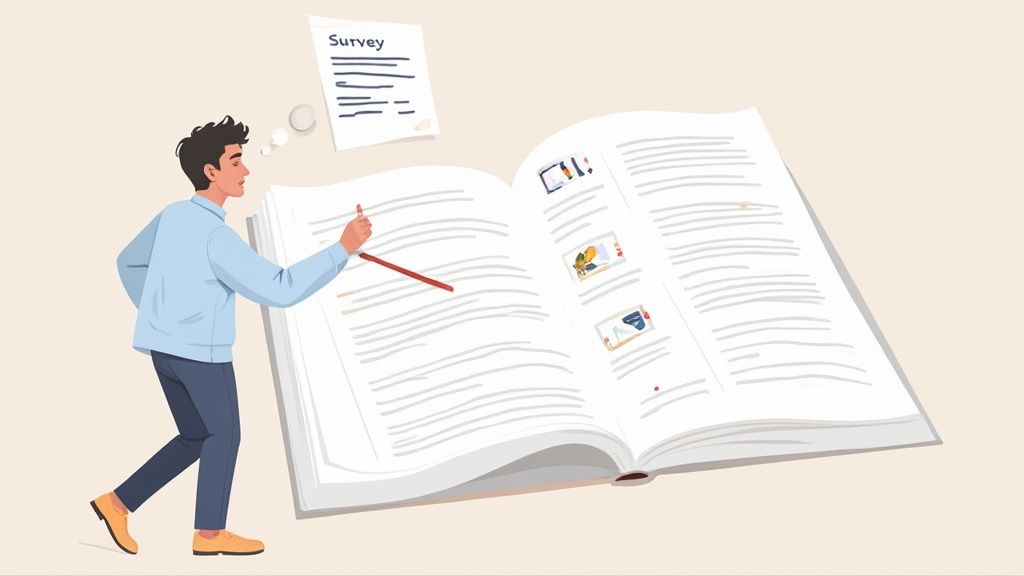 A man stands beside a huge open textbook, pointing at text with a red pencil while a survey form floats nearby.