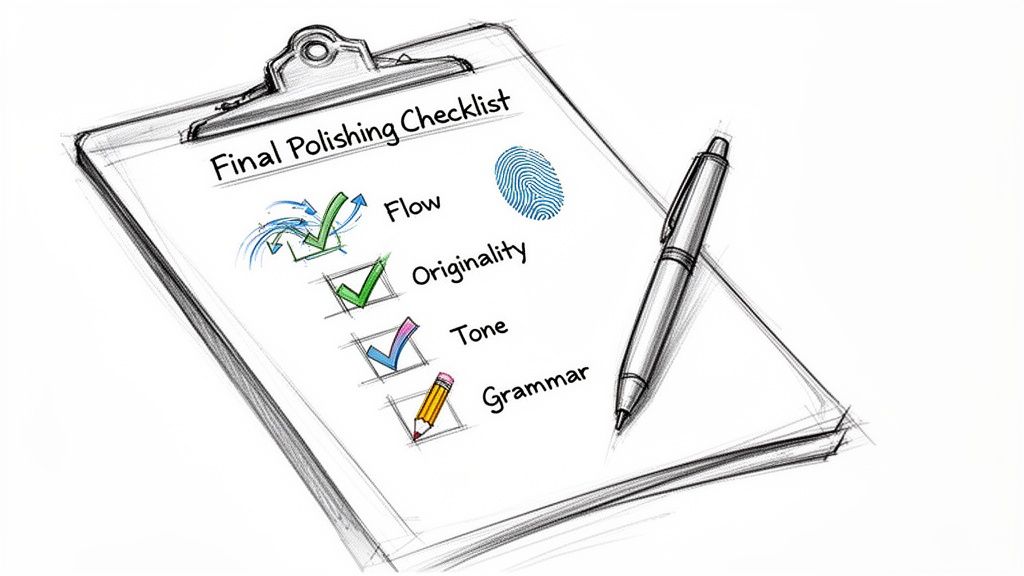 A sketch of a "Final Polishing Checklist" with items like Flow, Originality, Tone, and Grammar, plus a pen and fingerprint.