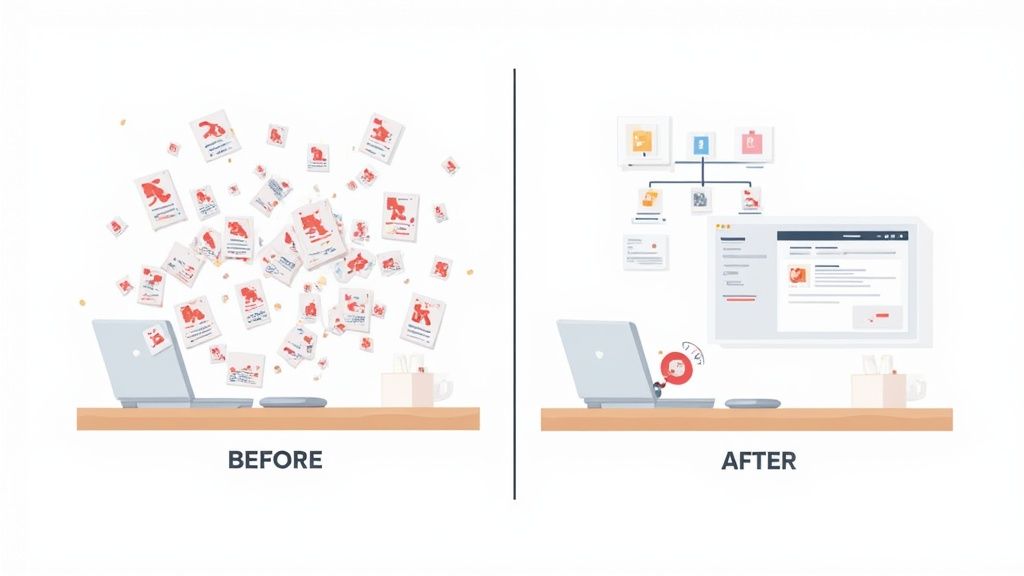 A person organizing digital files on a computer screen, representing a structured folder system.