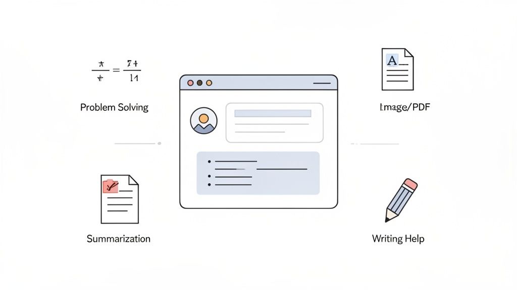 A web browser interface surrounded by icons representing problem solving, image/PDF, summarization, and writing help.