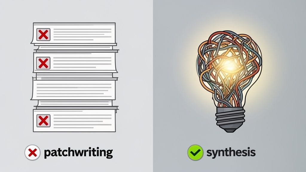 Illustration contrasting patchwriting (stacked papers with red X) and synthesis (glowing lightbulb of intertwined wires).