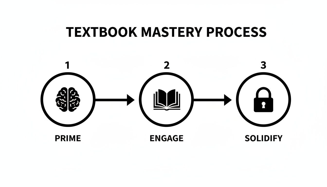 Flowchart illustrating the Textbook Mastery Process, showing steps: Prime (brain), Engage (book), and Solidify (padlock).