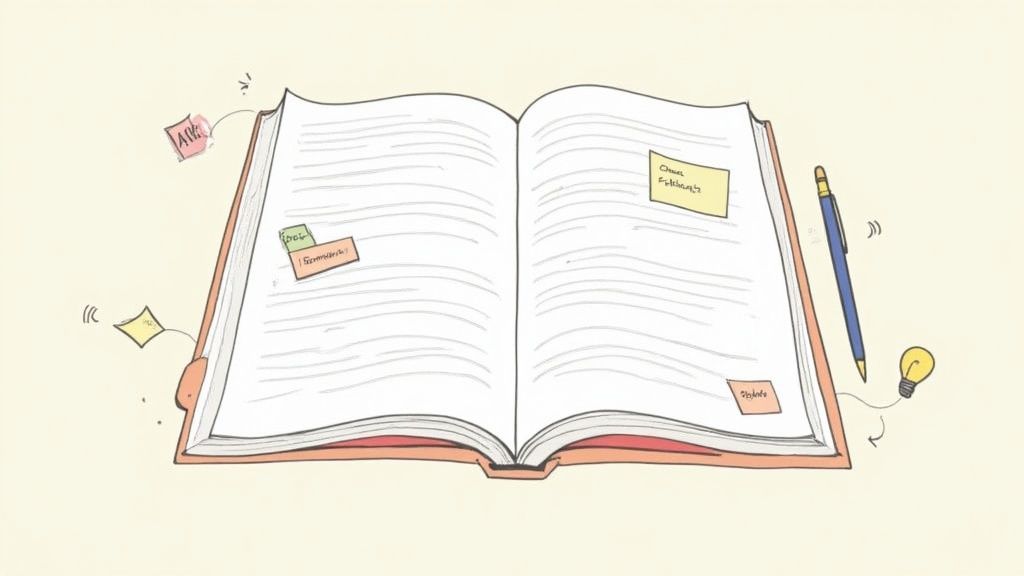 An open textbook filled with handwritten notes, colorful sticky notes, a pen, and a lightbulb, symbolizing learning and ideas.